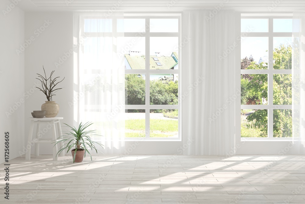 White empty room with summer landscape in window. Scandinavian interior design. 3D illustration White empty room with summer landscape in window. Scandinavian interior design. 3D illustration