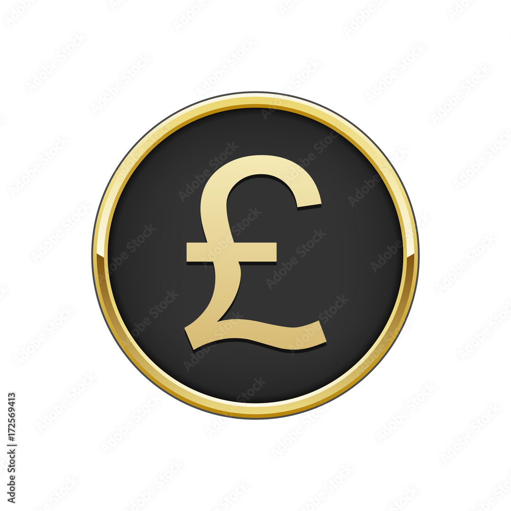 Gold black round badge with United Kingdom pound sterling sign Gold black round badge with United Kingdom pound sterling sign
