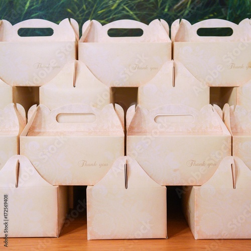 Gift boxes with Thank You message. Wedding box for sweets background.
