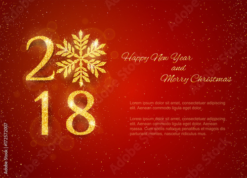 2018 Happy New Year Background with golden glitter numbers on red background. Vector holiday design for your flyer banner and greeting cards