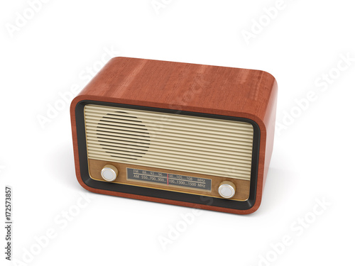 3d rendering of a brown rounded retro style radio receiver with an analogue tuner.