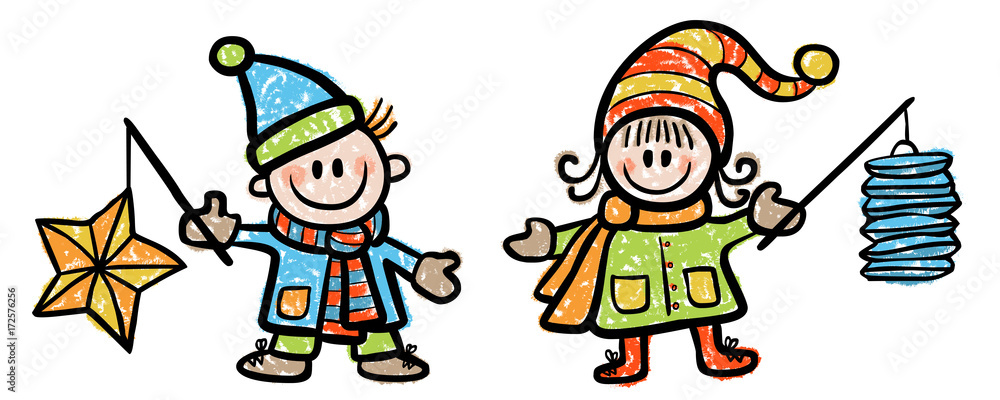 Farbige Illustration: Mädchen und Junge mit Laternen / Vektor, farbig, gezeichnet, Kreidezeichnung, freigestellt