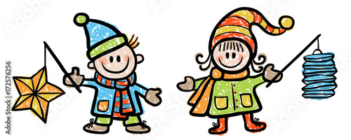 Farbige Illustration: Mädchen und Junge mit Laternen / Vektor, farbig, gezeichnet, Kreidezeichnung, freigestellt