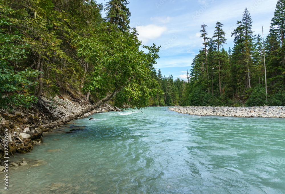 Beautiful high mountain green river in Nairn Falls Provincial Park British Columbia Canada.