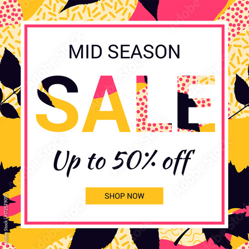 Social media promotional mid season sale banner. Abstract autumn leaves background. Pattern in trendy 80s and 90s Memphis style.  EPS10.