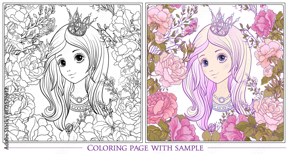 Obraz premium Young nice girl with long hear with princess crown in the garden