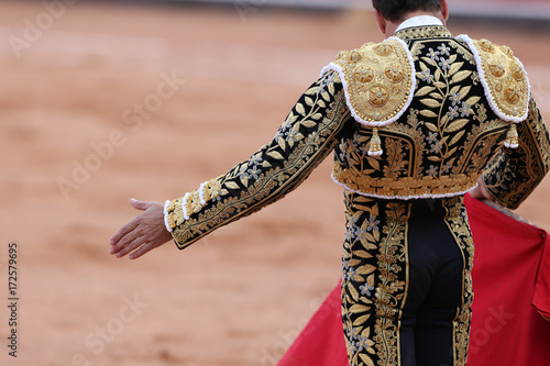 Torero en la plaza con el toro bravo