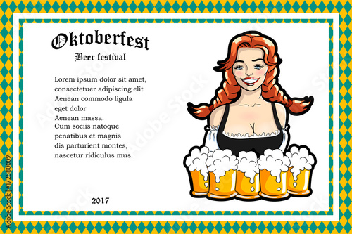 Vector illustration of waitress with mugs of beer. For banner, booklet or flyer. Oktoberfest design template.