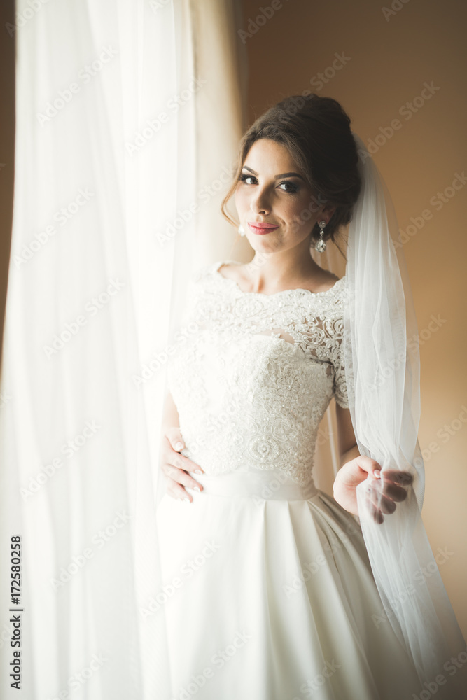 Luxury bride in white dress posing while preparing for the wedding ceremony Luxury bride in white dress posing while preparing for the wedding ceremony