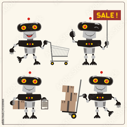 Collection icons with Robot: shop cart, sale, delivery, warehouse. Set of isolated robots for design of Internet shop and trade.