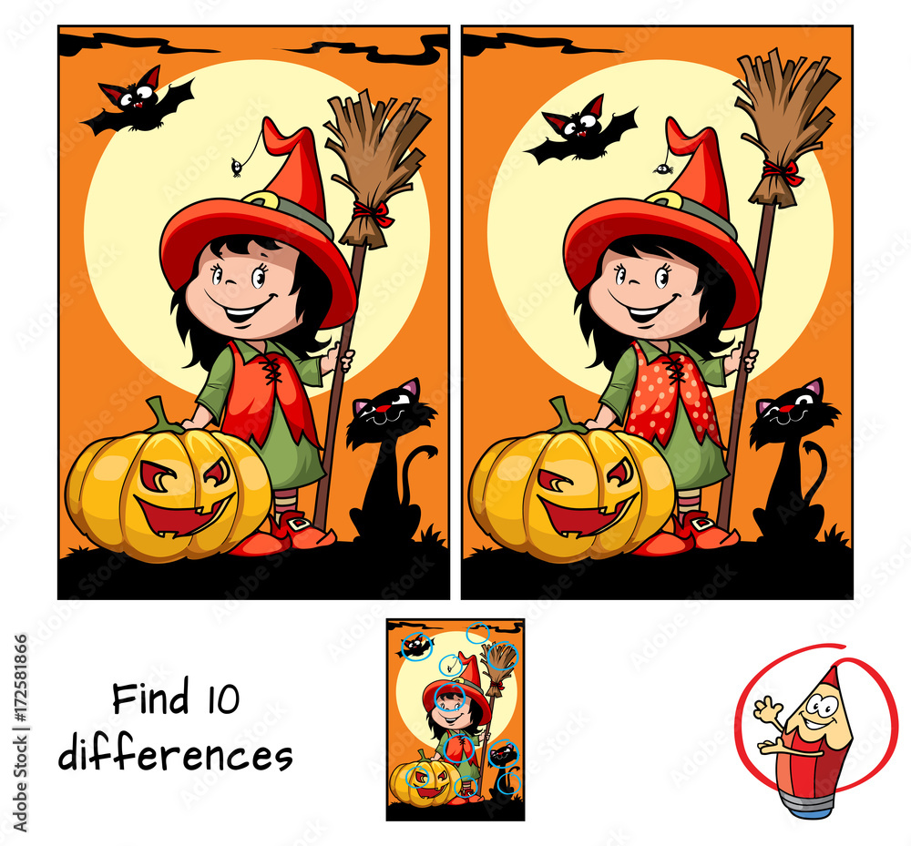 Vektorová grafika „Cute little witch girl with a broom, pumpkin, black cat,  spider and a bat. Find 10 differences. Educational game for children.  Halloween cartoon vector illustration“ ze služby Stock | Adobe Stock