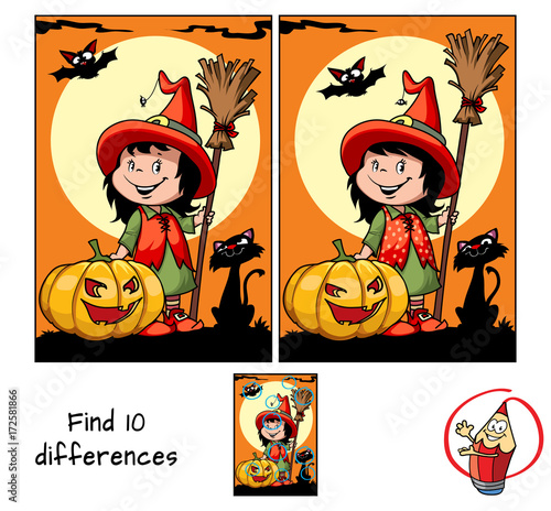 Cute little witch girl with a broom, pumpkin, black cat, spider and a bat. Find 10 differences. Educational game for children. Halloween cartoon vector illustration