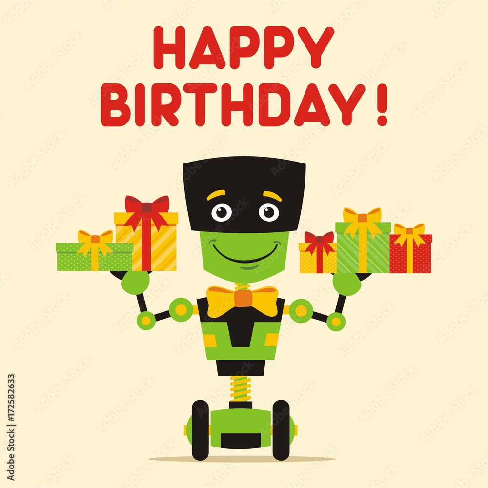 Happy birthday! Greeting card or banner with green robot on wheels in  cartoon style. Funny green robot with birthday gifts in hands. Stock Vector  | Adobe Stock