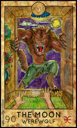 Moon. Werewolf. Fantasy Creatures Tarot full deck. Major arcana