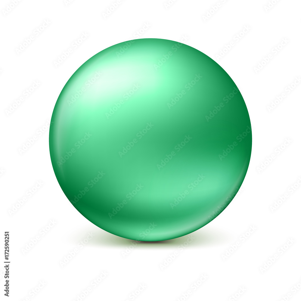 Green glossy sphere isolated on white with shadow and reflections in the color of the sphere. 3D illustration for your design, easy to edit and change the size