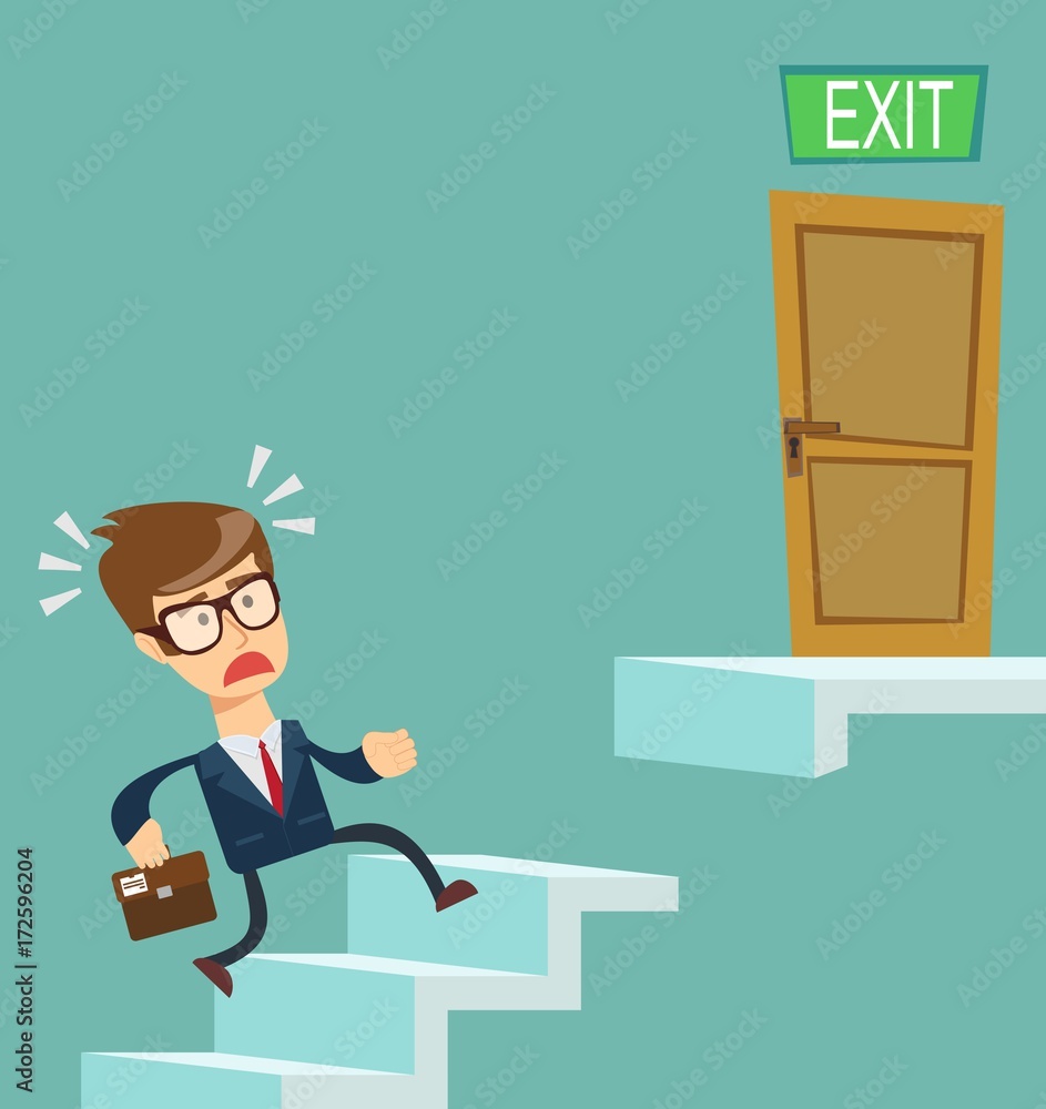 A young businessman going upstairs steadily, a closed door in the wall at the top. Concept of career growth. Stock flat vector illustration. A young businessman going upstairs steadily, a closed door in the wall at the top. Concept of career growth. Stock flat vector illustration.