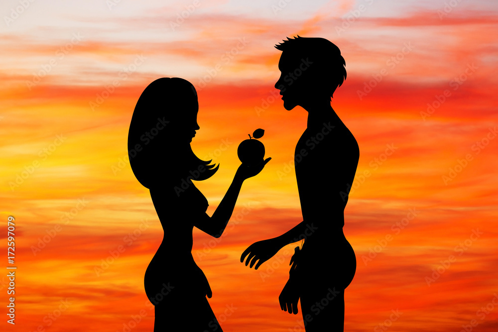 Adam and Eve with the fruit of sin at sunset - obrazy, fototapety, plakaty 