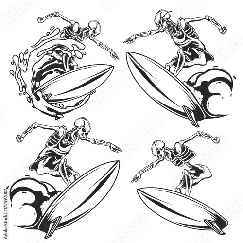 Isolated illustration of skeleton on surfing board