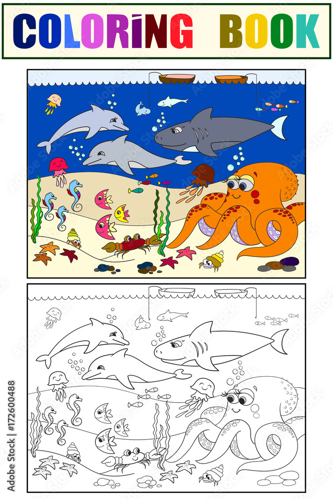 Fototapeta Seabed with marine animals. Vector coloring for kids, cartoon.