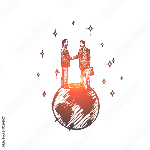 Global partners concept. Hand drawn businessmen shaking hands standing on Earth isolated vector illustration.