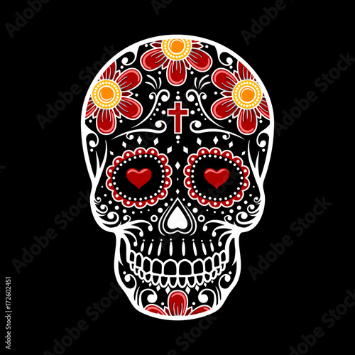 Day Of The Dead Skull. Skull sugar flower. Skull tattoo. Vector illustration