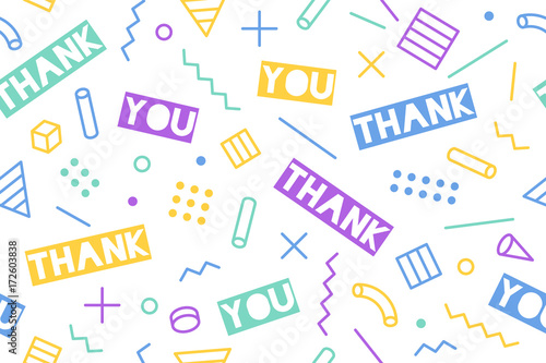 Seamless pattern for Thanksgiving Day. Seamless pattern 90s trendy style on black background with text Thank You. White pattern with different shapes objects for wrapping paper. Vector illustration