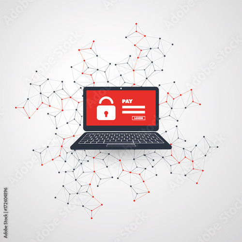 Network Vulnerability, Locked Device, Encrypted Files, Lost Documents, Ransomware Attack - Virus, Malware, Fraud, Spam, Phishing, Email Scam, Hacker Attack - IT Security Concept, Vector illustration