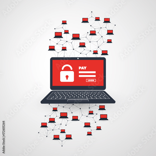 Network Vulnerability, Locked Device, Encrypted Files, Lost Documents, Ransomware Attack - Virus, Malware, Fraud, Spam, Phishing, Email Scam, Hacker Attack - IT Security Concept, Vector illustration