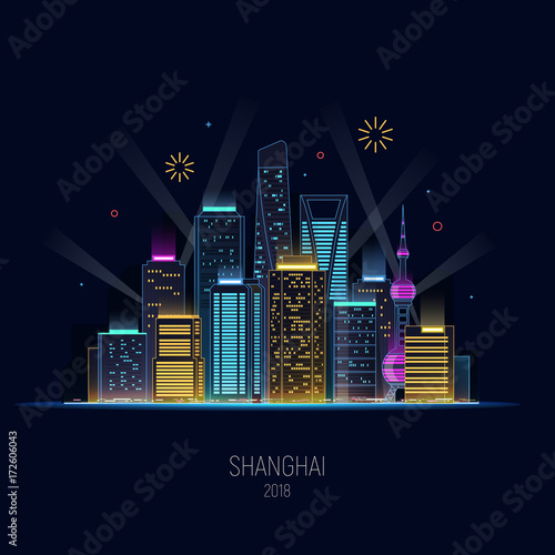Canvas Print Night Shanghai in neon shine
