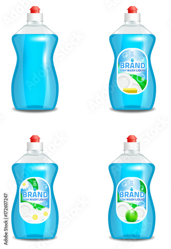 Vector set of realistic dishwashing liquid product icons isolated on background. Plastic bottle label design. Washing-up liquid or dishwashing soap brand advertising templates
