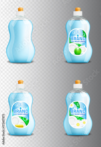 Vector set of realistic dishwashing liquid product icons isolated on transparent background. Plastic bottle label design. Washing-up liquid or dishwashing soap brand advertising templates