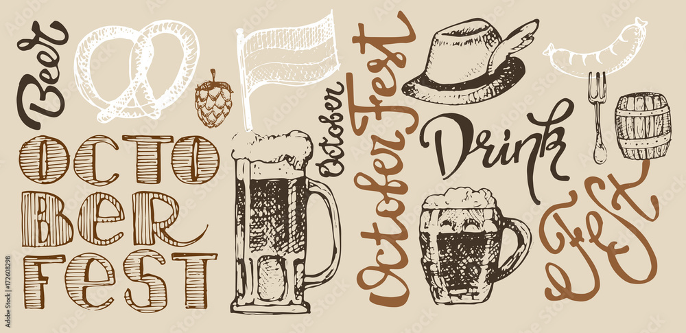October fest. Vector  beer glasses and mugs, hat, barrel, pretzels in hand drawn style. Drink beer. Vector illustration.