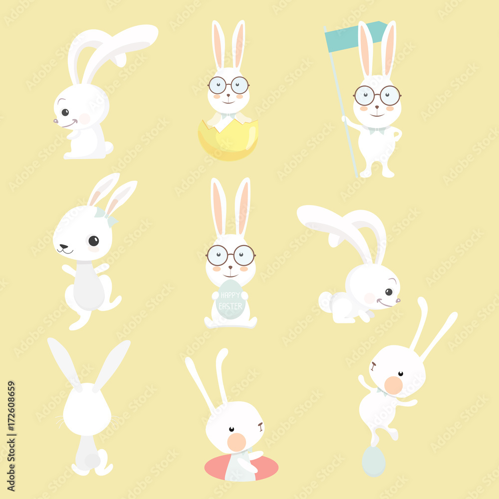 Set of cute cartoon rabbit in modern flat style. Animal character design. 
