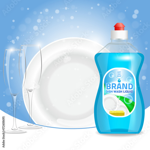 Vector 3d illustration of dishwashing liquid product advertisement. Plastic bottle label design. Washing-up liquid or dishwashing soap brand advertising poster