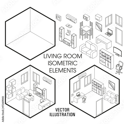 Isometric living room interior constructor. Vector set of isometric Furniture elements of home interior isolated on white background. Flat 3d design template