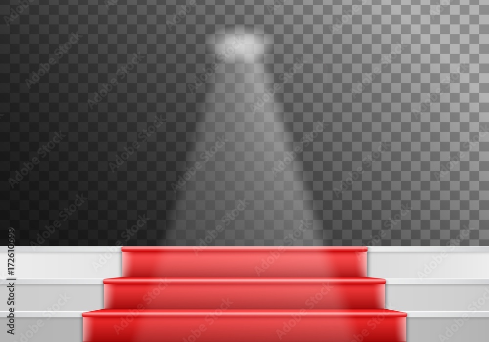 Fototapeta premium Illustration of Vector Stairs Template. 3D Realistic Vector Winner Stage Stairs with Red Carpet and Bright Light