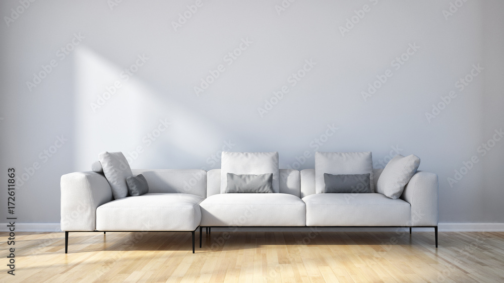 Modern bright living room, white wall. 3D rendering - obrazy, fototapety, plakaty 