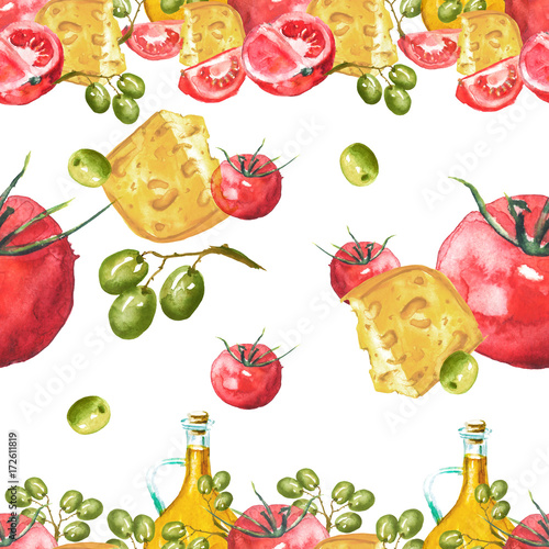 Watercolor seamless pattern. Olive oil in a transparent bottle and a branch with olives  cheese  tomatoes. Vintage illustration of a handmade on a white background.