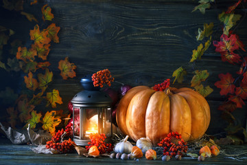 The wooden table decorated with vegetables, pumpkins and autumn leaves. Autumn background. Schastlivy von Thanksgiving Day.