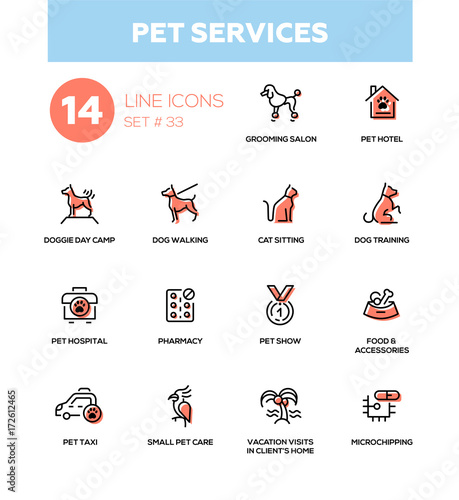 Pet services - modern vector single line icons set