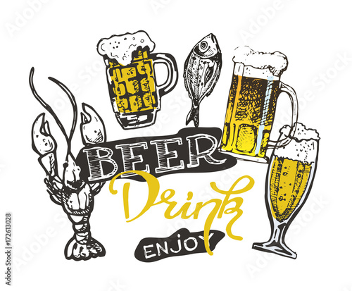 October fest. Vector  beer glasses and mugs, hat, barrel, pretzels in hand drawn style. Drink beer. Vector illustration.