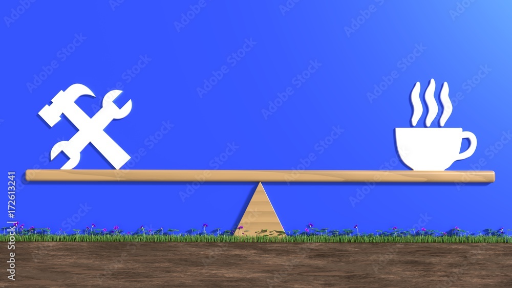 White icons for tools and coffe on a seesaw in harmony White icons for tools and coffe on a seesaw in harmony