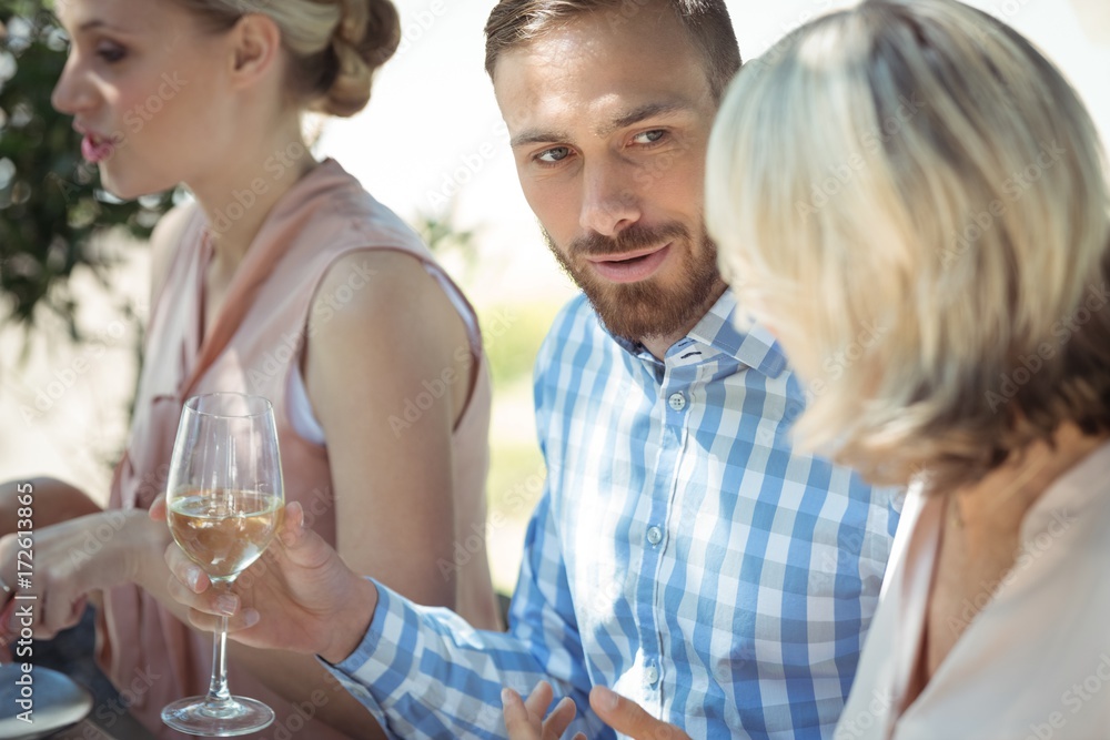 Happy friends interacting while having glass of wine Happy friends interacting while having glass of wine