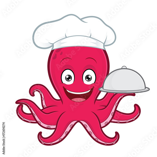 Octopus chef serving food in a sliver platter