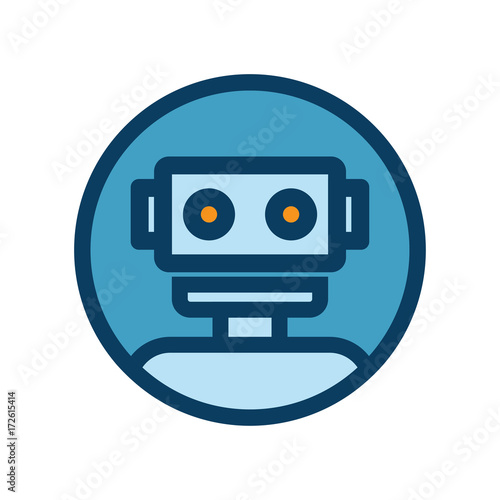 Chat bot icon. Outline robot sign in blue circle.