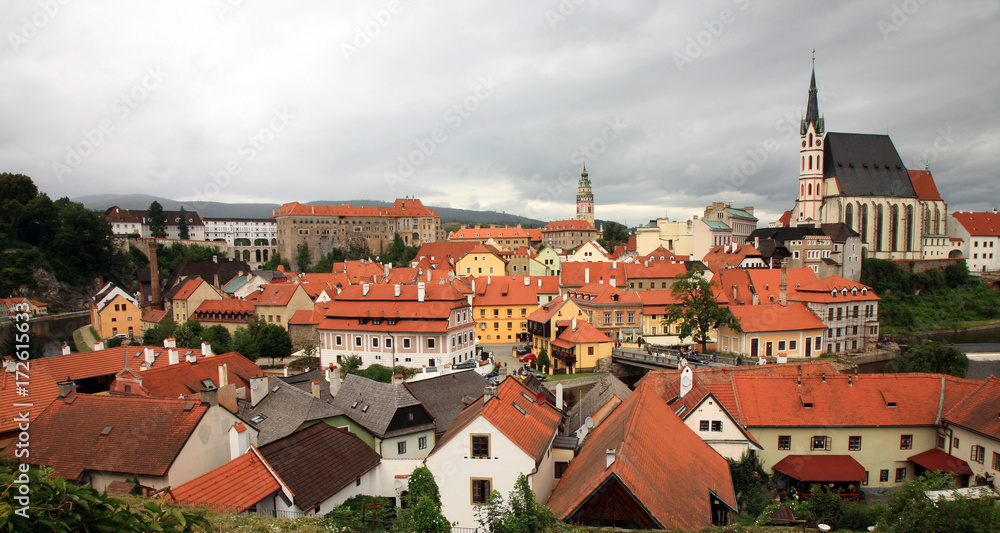 Panorama of the Old Town in Cesky Krumlov with colorful houses, Czechia, Heritage Unesco.
