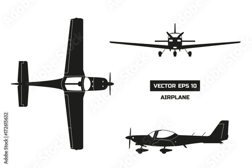 Black silhouette of airplane on white background. Fast sport aircraft. Industrial drawing of plane. Top, front and side view