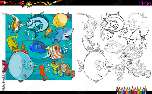 fish characters group coloring book