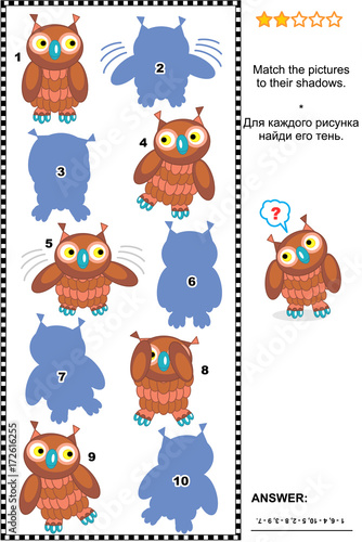 Fototapeta Naklejka Na Ścianę i Meble -  Visual puzzle or picture riddle: Match the pictures of cute brown owls to their shadows. Answer included.
