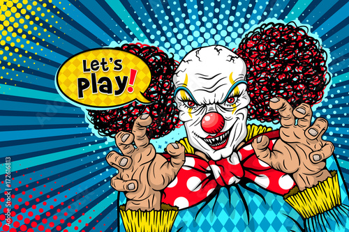 Let's Play! Evil scary clown monster with big red bow tie smiles, rises his hands and speech bubble. Vector illustration in retro comic style. Colorful pop art background. Halloween party invitation.